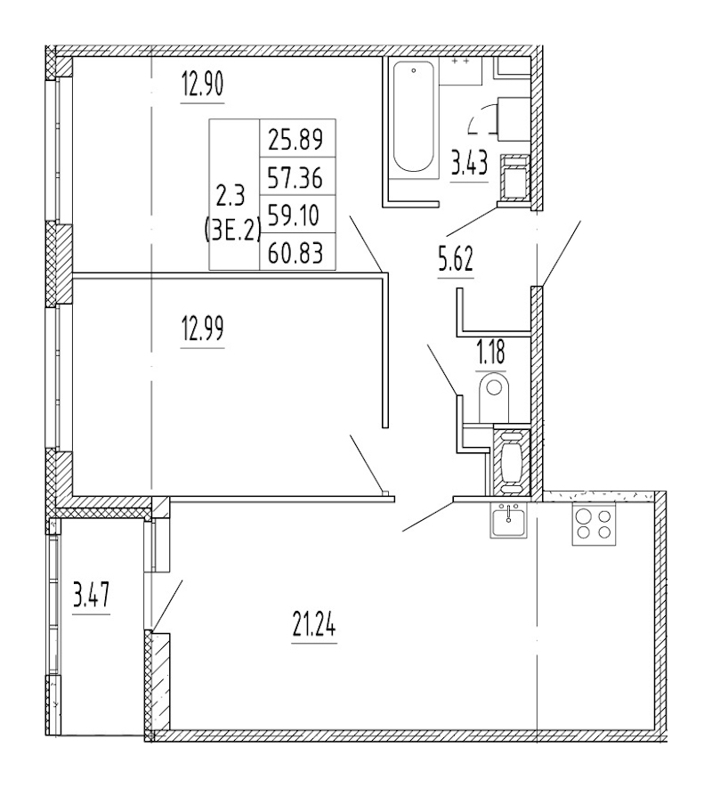 2-комнатная квартира 57.36 м², 12/12 эт., ЖК «Полис Приморский 2»